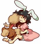  animal_ears bad_id bad_pixiv_id barefoot black_hair buneary bunny_ears carrot carrot_necklace clenched_teeth crossover enu_(spinal) face_punch feet full_body gen_4_pokemon in_the_face inaba_tewi jewelry necklace pendant pokemon pokemon_(creature) punching red_eyes short_hair simple_background teeth touhou white_background 