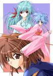  blue_eyes blue_hair botan_(yuu_yuu_hakusho) brown_eyes brown_hair highres japanese_clothes jewelry kimono multiple_girls oar pendant red_eyes sidesaddle suzuhira_hiro yukimura_keiko yukina_(yuu_yuu_hakusho) yuu_yuu_hakusho 