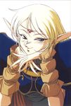  90s arm_warmers armor bangs blonde_hair blue_eyes blush breastplate cape chin_rest circlet deedlit elf fantasy fingernails half-closed_eyes highres long_fingernails long_hair long_pointy_ears looking_at_viewer naughty_face official_art pauldrons pointy_ears record_of_lodoss_war scan seductive_smile simple_background smile solo upper_body white_background yuuki_nobuteru 