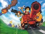  2boys advance_wars arm_up armband bazooka bent_over black_eyes black_hair blue_hair caterpillar_tracks cloud day domino_(advanced_wars) double_sided_wrench explosion fingerless_gloves fire gloves grass grin ground_vehicle headband hirata_ryou max_(advance_wars) military military_uniform military_vehicle motion_blur motor_vehicle multiple_boys muscle official_art orange_hair outdoors ryou_(advance_wars) short_hair sky sleeves_rolled_up smile smoke sparkle spiked_hair sports_bra star tank tank_top uniform wallpaper weapon wrench 
