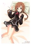  bed_sheet black_skirt blush bow bowtie braid brown_eyes brown_hair clala glasses knees_together_feet_apart komone_ushio long_hair long_sleeves looking_at_viewer pillow pleated_skirt quiz_magic_academy red_neckwear skirt solo twin_braids 