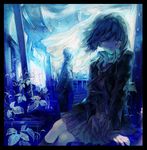  1girl bad_id bad_pixiv_id blue copyright_request flower indoors leaf looking_at_viewer necktie overgrown plant rose skirt stecky wind 