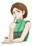  artist_request brown_hair cake eating emma_sheen food food_on_face fork fruit green_eyes gundam lips looking_at_viewer pastry plate short_hair simple_background sleeveless slice_of_cake solo source_request strawberry white_background zeta_gundam 