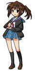  blue_sailor_collar brown_eyes brown_hair cardigan chibi genderswap genderswap_(mtf) kita_high_school_uniform kyonko long_sleeves lowres ponytail sailor_collar school_uniform serafuku solo suzumiya_haruhi_no_yuuutsu yusya 