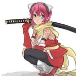  fishnets gouma_reifuden_izuna green_eyes highres izuna katana looking_at_viewer marui_(koedame) over_shoulder pink_hair short_hair smile solo squatting sword weapon 