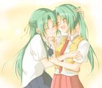  akane_(roadside) closed_eyes green_hair half_updo higurashi_no_naku_koro_ni hug laughing long_hair multiple_girls necktie ponytail school_uniform serafuku siblings sisters smile sonozaki_mion sonozaki_shion twins 