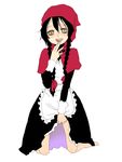  akazukin_(tokyo_akazukin) apron apron_lift bad_id bad_pixiv_id black_hair braid crazy_eyes dress dress_lift grimm's_fairy_tales hood little_red_riding_hood machiko_(beard) skirt solo tokyo_akazukin tongue twin_braids yellow_eyes 