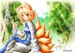  animal_ears blonde_hair blush day forest fox_ears fox_tail from_side kemu_inu light_rays long_sleeves looking_at_viewer looking_to_the_side multiple_tails nature no_hat no_headwear orange_eyes outdoors plant short_hair solo tabard tail touhou tree yakumo_ran 
