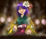  closed_eyes flower flx hieda_no_akyuu instrument japanese_clothes kimono koto_(instrument) purple_hair short_hair solo touhou 