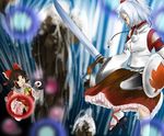  animal_ears bad_id bad_pixiv_id done_(donezumi) flying geta hakurei_reimu hat inubashiri_momiji multiple_girls shield short_hair sword tail tengu-geta touhou weapon wolf_ears wolf_tail 