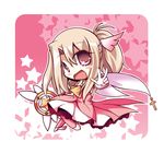  boots chibi dress fate/kaleid_liner_prisma_illya fate_(series) feathers hair_feathers illyasviel_von_einzbern kaleidostick long_hair magical_girl pink_dress pink_eyes pink_footwear prisma_illya silver_hair solo star take_tonbo 