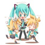  2girls blonde_hair blue_hair brother_and_sister chibi child closed_eyes hatsune_miku kagamine_len kagamine_rin long_hair multiple_girls nigo short_hair siblings thighhighs tongue twins twintails vocaloid 