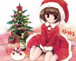  bauble bell bottle brown_eyes brown_hair cake christmas christmas_ornaments christmas_tree cup drinking_glass english food gift hands_together looking_at_viewer merry_christmas mimukamu no_shoes original pastry pink_legwear plate santa_claus santa_costume short_hair sitting smile solo striped striped_legwear thighhighs wariza white_legwear wine_bottle wine_glass 