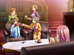  5girls animal_ears brown_hair card cards cat_ears catgirl cheaters_shall_fall everyone food game_cg glasses green_hair greensvale_no_mori_no_naka group gurinsuva long_hair multiple_girls nekomimi orange_eyes purple_hair short_hair 