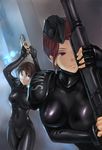  bodysuit breasts brown_eyes brown_hair copyright_request earrings garrison_cap glasses gun handgun hat highres jewelry large_breasts multiple_girls naoki_yukira pauldrons pistol shotgun skin_tight swat weapon 