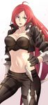  ahoge armband bad_id bad_pixiv_id blue_eyes breasts bustier cleavage cropped_jacket dagger fullluv gloves katarina_du_couteau kunai large_breasts league_of_legends legs long_hair midriff navel pants red_hair scar solo spikes thighs tongue very_long_hair weapon 
