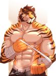  2018 abs anthro biceps chest_tuft clothed clothing enaeric eyes_closed feline fur hi_res male mammal muscular muscular_male nipples pantherine pecs tiger tuft 