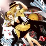  1girl back-to-back bad_id bad_pixiv_id bare_shoulders blonde_hair blue_eyes brother_and_sister card choker elbow_gloves fedora foreshortening formal gloves hat kagamine_len kagamine_rin looking_at_viewer open_mouth playing_card rico_(fbn3) short_hair siblings side_ponytail smile striped twins vocaloid 