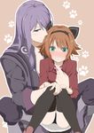  1boy 1girl alternate_costume animal_ears black_panties blush brown_hair cat_ears long_hair panties rita_mordio short_hair sitting tales_of_(series) tales_of_vesperia teeth thighhighs thighs underwear yuri_lowell 