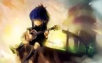  acoustic_guitar blue_hair cliff cloud dusk expressionless fence gorillaz guitar hair_over_eyes instrument kneehighs lighthouse long_sleeves music noodle_(gorillaz) playing_instrument railing shoes shorts sitting sky sleeves_pushed_up solo ukyo_rst windmill 