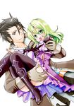  1boy 1girl alvin_(tales) alvin_(tales_of_xillia) brown_eyes brown_hair carrying coat dress elise_lutus elize_lutus frills gloves green_eyes green_hair open_mouth ribbon tales_of_(series) tales_of_xillia thighhighs 