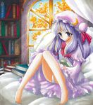  absurdres autumn barefoot bed book bookshelf colored_pencil_(medium) hat highres indoors long_hair marker_(medium) panties pantyshot pantyshot_(sitting) pastel_(medium) patchouli_knowledge pillow purple_eyes purple_hair reading sidelocks sitting solo tegaki_no_yuu touhou traditional_media underwear white_panties window 