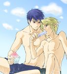  blonde_hair blue_eyes blue_hair blush crossover elf elf_ears fire_emblem fire_emerald ike link nintendo pointy_ears shorts super_smash_bros. the_legend_of_zelda topless wet yaoi 