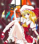  airbrush_(medium) bad_id bad_pixiv_id blonde_hair flandre_scarlet hat laevatein marker_(medium) mary_janes moon panties pantyshot pastel_(medium) red_eyes shoes side_ponytail solo tegaki_no_yuu touhou traditional_media underwear white_legwear white_panties window wings 