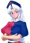  bad_id bad_pixiv_id blue_eyes braid breast_lift breast_squeeze breasts covered_nipples crossed_arms hat large_breasts lips long_hair nurse_cap parted_lips red_cross silver_hair solo space_jin touhou very_long_hair white_hair yagokoro_eirin 
