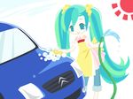  apron bebe_(bebehappo) blush_stickers car car_wash denim green_eyes green_hair ground_vehicle hatsune_miku hose jeans long_hair motor_vehicle pants smile soap_bubbles solo sponge twintails very_long_hair vocaloid water 