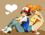  1girl back-to-back bad_id bad_pixiv_id bare_shoulders black_hair brown_background brown_eyes denim fingerless_gloves gloves green_eyes hat heart jacket kasumi_(pokemon) midriff mochi730 orange_hair pokemon pokemon_(anime) pokemon_(classic_anime) satoshi_(pokemon) shoes shorts side_ponytail simple_background sitting sneakers suspenders 