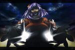  backlighting bad_id bad_pixiv_id breasts cloud cloudy_sky english from_below large_breasts letterboxed long_sleeves looking_at_viewer looking_down outstretched_arms purple_hair red_eyes sky smile solo space_jin touhou yasaka_kanako 