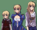  age_progression ahoge artoria_pendragon_(all) blonde_hair braid cape casual dress fate/stay_night fate_(series) green_eyes hair_ribbon highres long_hair multiple_girls multiple_persona older puffy_sleeves ribbon saber single_braid teenage tusia younger 