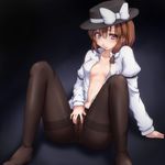  black_legwear blush bow breasts brown_hair covered_nipples crotch_seam dress_shirt hat hat_bow navel no_bra no_panties open_clothes open_shirt pantyhose red_eyes shirt short_hair sitting small_breasts solo spread_pussy_under_clothes tori_(minamopa) touhou usami_renko white_bow 
