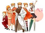  6+girls :&lt; ? alternate_costume artist_name bad_id bad_pixiv_id bingo_(habanera) blush_stickers boots character_name cosplay costume_chart dated double_bun finger_to_mouth gintama glasses goggles goggles_around_neck hair_ornament hair_stick hand_on_hip holding japanese_clothes kagura_(gintama) kimono multiple_girls multiple_persona necktie open_mouth orange_hair sakata_gintoki sakata_gintoki_(cosplay) school_uniform skirt smile sparkle striped striped_legwear thighhighs translation_request waving yukata 