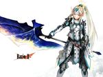  armor axe barioth_(armor) belt blonde_hair character_name fantasy full_armor highres huge_weapon long_hair monster_hunter monster_hunter_3_g ponytail red_eyes sadamatsu_ryuuichi sheath sheathed simple_background solo sword very_long_hair weapon 