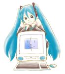  apple_inc. blue_eyes blue_hair computer hatsune_miku imac long_hair macintosh mori_no_koumori smile solo twintails vocaloid 