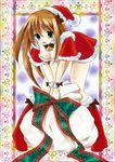  absurdres bell bell_collar boots bow breasts brown_hair cleavage collar fur_trim green_eyes hat highres leaning_forward long_hair marker_(medium) medium_breasts original pastel_(medium) sack santa_boots santa_costume santa_hat solo tegaki_no_yuu traditional_media wrist_cuffs 