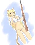  animal_ears bikini_bottom blonde_hair blue_eyes breasts cameltoe cleavage copyright_request cropped_jacket dutch_angle from_below gun highres hu_sea large_breasts m1_garand navel open_clothes panties rifle side-tie_panties solo tail underwear weapon 