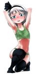  armpits arms_behind_head bad_id bad_pixiv_id black_legwear blue_eyes covered_nipples flat_chest hair_ribbon kneeling konpaku_youmu looking_at_viewer panties ribbon ribs short_hair silver_hair solo space_jin sports_bra sweat sweatdrop thighhighs toned touhou underwear underwear_only wet wet_clothes white_background 