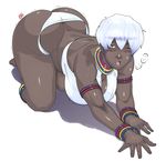  all_fours anklet armlet ass barefoot bikini blue_eyes blush bracelet breasts butt_crack cleavage curvy dark_skin elena_(street_fighter) full_body huge_ass jewelry johnrokk large_breasts neck_ring one_eye_closed open_mouth short_hair simple_background solo street_fighter street_fighter_iii_(series) swimsuit thick_thighs thighs trembling white_background white_bikini white_hair wide_hips 