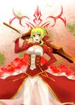  aestus_estus aoyahh blonde_hair braid breasts cleavage dress epaulettes fate/extra fate_(series) french_braid hair_ribbon highres medium_breasts nero_claudius_(fate) nero_claudius_(fate)_(all) ribbon see-through solo sword weapon yellow_eyes 