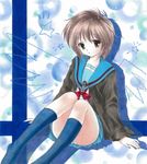  bad_id bad_pixiv_id brown_eyes cardigan kita_high_school_uniform kneehighs marker_(medium) nagato_yuki panties pantyshot pantyshot_(sitting) pastel_(medium) school_uniform serafuku short_hair sitting solo suzumiya_haruhi_no_yuuutsu tegaki_no_yuu traditional_media underwear 