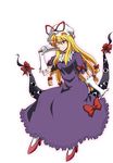  blonde_hair bow dress elbow_gloves fan folding_fan gap gloves hat high_heels highres long_hair one_eye_closed purple_eyes rimibure shoes solo touhou white_gloves yakumo_yukari 