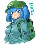  backpack bad_id bad_pixiv_id bag between_breasts blue_eyes blue_hair breasts character_name face grin hair_bobbles hair_ornament hat kawashiro_nitori looking_at_viewer medium_breasts short_twintails smile solo space_jin touhou twintails two_side_up white_background 