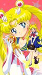  anime_coloring back_bow bag bishoujo_senshi_sailor_moon black_cat blonde_hair blue_eyes blue_sailor_collar bow cat choker double_bun dual_persona elbow_gloves gloves hair_ornament hairclip heart highres holding holding_wand juuban_middle_school_uniform long_hair luna_(sailor_moon) mikiky official_style pleated_skirt red_bow sailor_collar sailor_moon sailor_senshi_uniform school_bag school_uniform serafuku skirt smile spiral_heart_moon_rod standing standing_on_one_leg star tiara tsukino_usagi wand white_gloves yellow_choker 