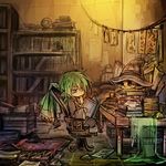  book final_fantasy final_fantasy_xi fujiwara_akina green_hair hat library lowres mage male_focus pointy_ears purple_eyes skull solo tarutaru 