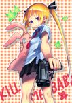  :3 aneunyeoja bad_id bad_pixiv_id blonde_hair copyright_name eyepatch gun hair_ribbon kill_me_baby necktie outline plaid plaid_background purple_eyes pyonsuke red_neckwear ribbon skirt sonya_(kill_me_baby) star stuffed_animal stuffed_bunny stuffed_toy twintails weapon 