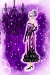  black_gloves blue_eyes candelabra dress elbow_gloves gloves hair_ornament high_heels highres jewelry mask masquerade necklace pixiv_hogwarts purple purple_hair shoes snowflakes solo 