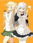  apron blonde_hair blush green_eyes hatoko-san_to_rabukome heart heiwajima_hatoko long_hair maid maid_headdress multiple_girls nauribon ootori_anna school_uniform simple_background skirt thighhighs white_hair white_legwear yellow_eyes 